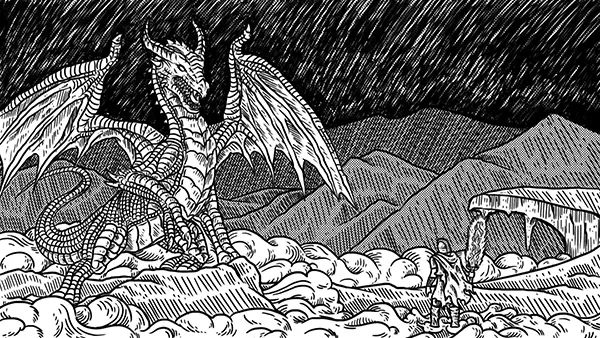 Illustration of a European dragon roaring over a cloudy mountain range. The cover photo for a dark fantasy short story written by Elias Fenic